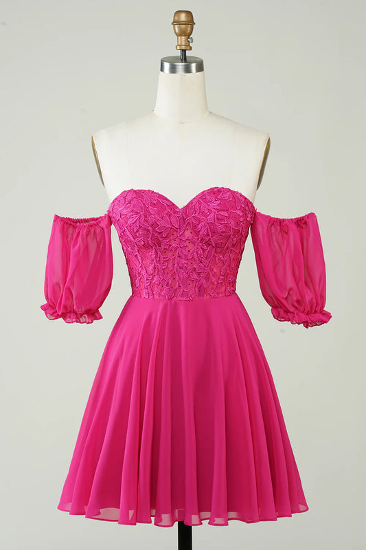 Fuchsia A-line homecoming dress with sweetheart neckline and lace corset bodice.