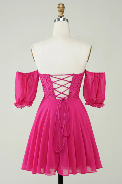 Side view of fuchsia chiffon A-line dress with delicate lace details.