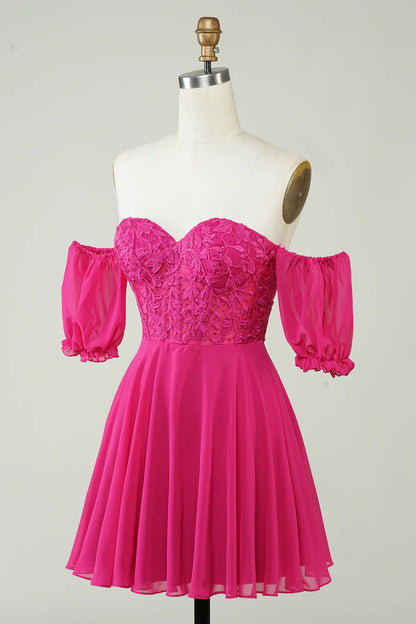 Back view of fuchsia formal gown showing corset lacing and flowing skirt.