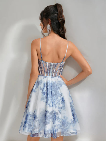 Side view of the A-line floral homecoming dress with sweetheart neckline.