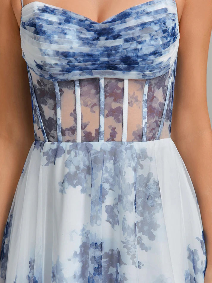 Back view of the short floral print homecoming dress.