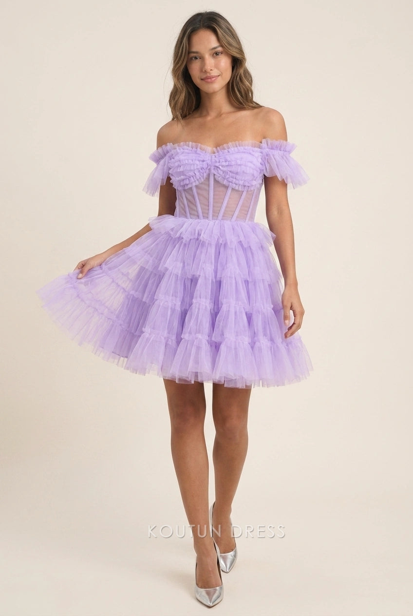 Model wearing a lavender A-line mini homecoming dress with off-shoulder ruffles and tiered tulle skirt.
