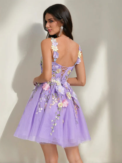 Side view of the pleated A-Line tulle homecoming dress.