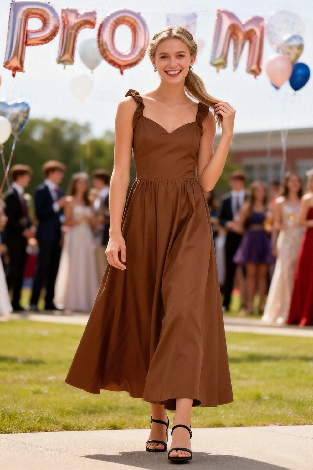 Woman wearing a Koutun A-line midi dress with sweetheart neckline and ruffled straps.