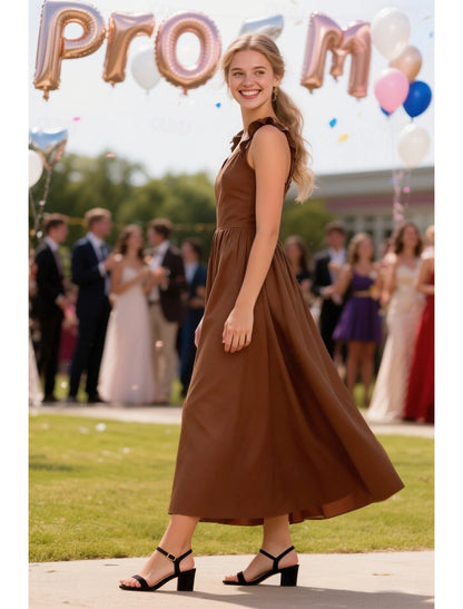 Side view of the Koutun formal midi dress, highlighting the A-line silhouette.