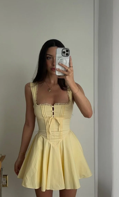 Full view of a chic A-line party gown.