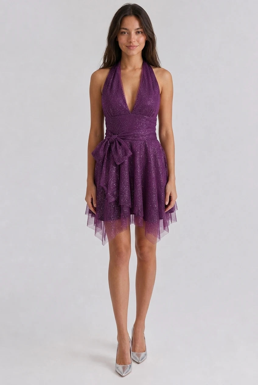Back view of the elegant dark purple tulle prom dress.