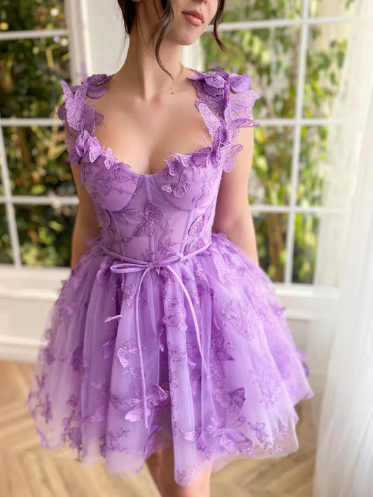 Lilac A-line short tulle dress with 3D butterflies.