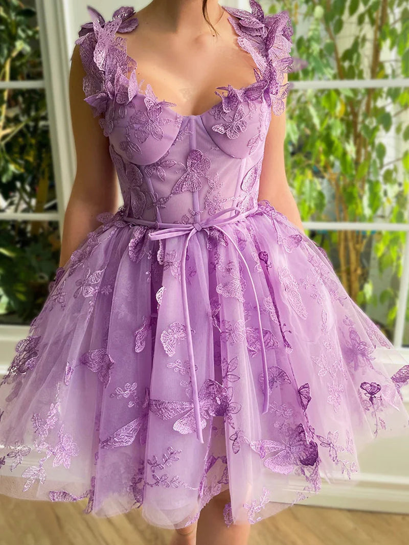 Side view of lilac A-line short tulle dress with 3D butterflies.