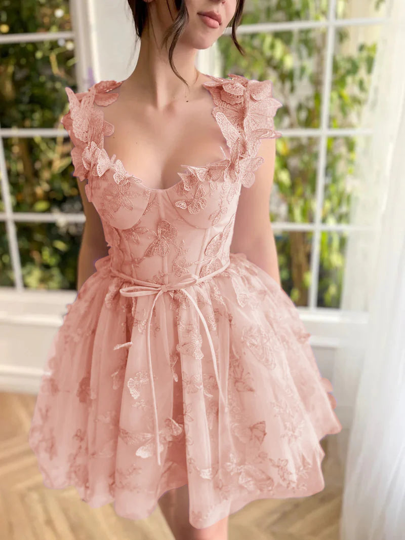 Lilac A-line short tulle prom dress with 3D butterflies, showing skirt detail.
