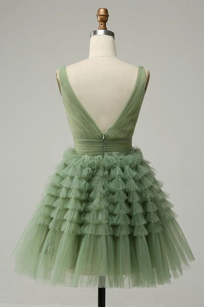 Back view of green A-Line Tulle Homecoming Dress.