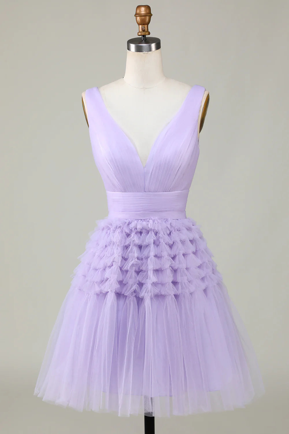 Lilac A-Line Tulle V-Neck Homecoming Dress with open back.