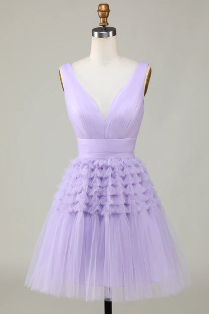 Lilac A-Line Tulle V-Neck Homecoming Dress with open back.