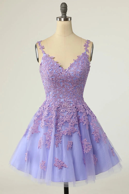 Full view of a model wearing the purple A-line tulle short homecoming dress.