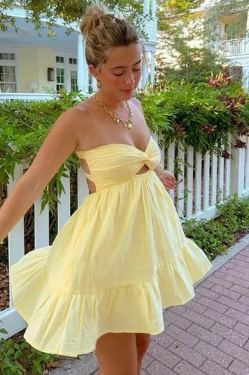 Elegant A-line V-neck pleated satin short homecoming dress.
