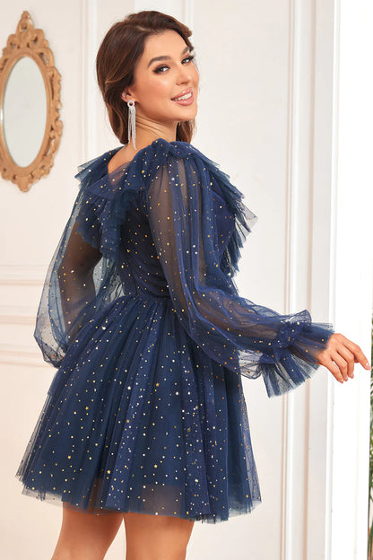 Side view of navy A-line V-neck short homecoming dress with long sleeves.
