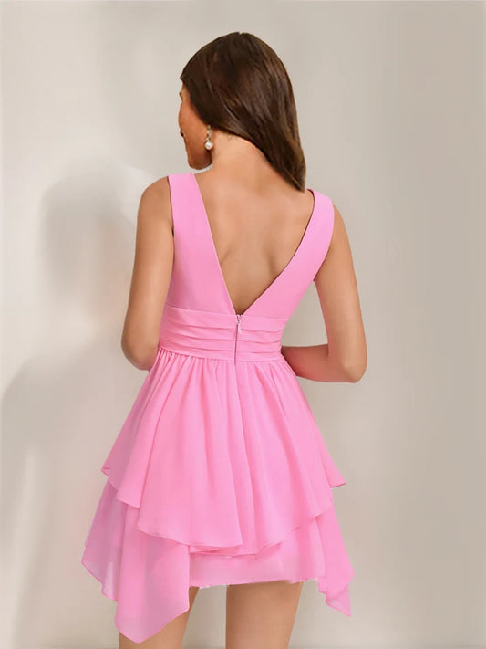 Side view of A-Line V-neck pleated chiffon short homecoming dress.
