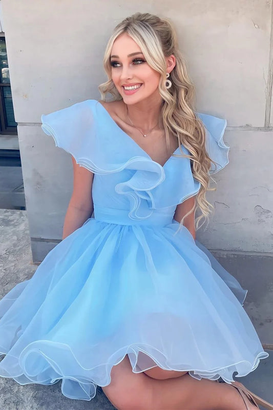 Light blue A-line V-neck ruffled short homecoming dress details.