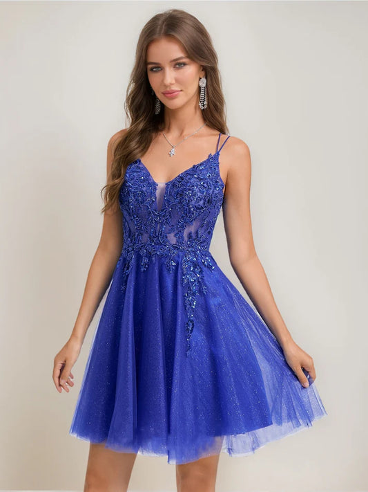 A-Line V-neck short tulle homecoming dress with beading and appliques.
