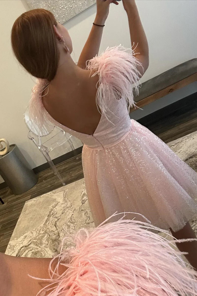 Back view of the elegant A-line tulle homecoming dress.