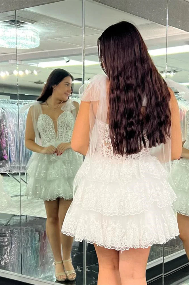 Side view of the light blue A-line homecoming dress, highlighting the tiered design.