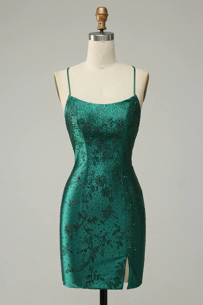 Model wearing a dark green beaded bodycon mini dress with a criss-cross back, front view.