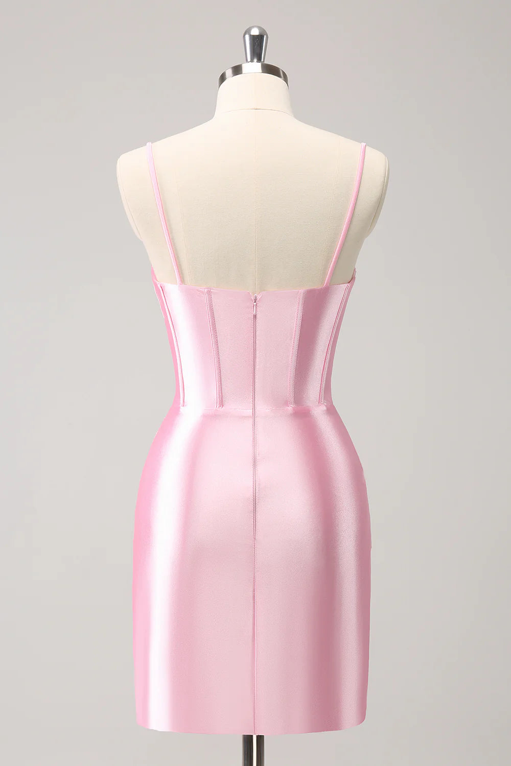 Back view of the pink beaded bodycon dress, highlighting the spaghetti straps.