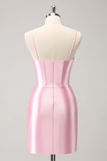 Back view of the pink beaded bodycon dress, highlighting the spaghetti straps.