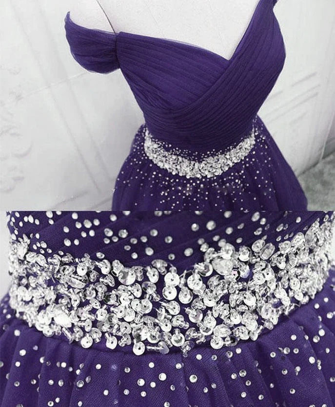 Back view of the purple knee-length homecoming dress with tulle skirt.