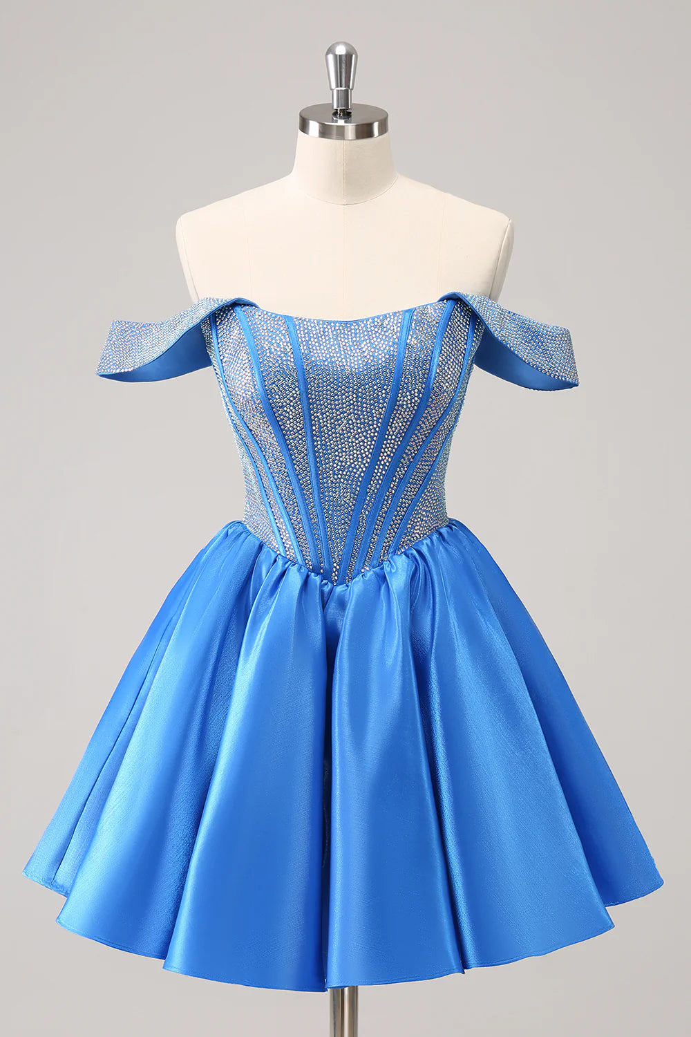 Elegant blue A-line off-shoulder beaded satin homecoming dress with lace-up back.