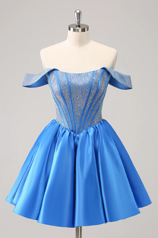 Elegant blue A-line off-shoulder beaded satin homecoming dress with lace-up back.