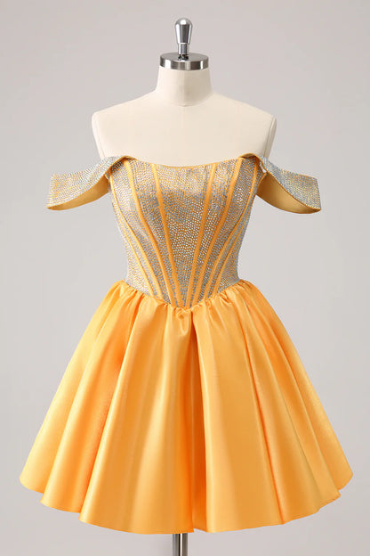 Stunning yellow A-line off-shoulder beaded satin homecoming dress with lace-up back.