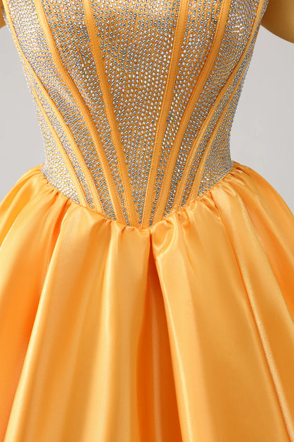 Full length view of a yellow A-line off-shoulder beaded satin gown.