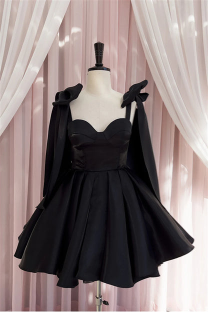 Koutun Black Bow Tie Pleated A-line Short Dress.