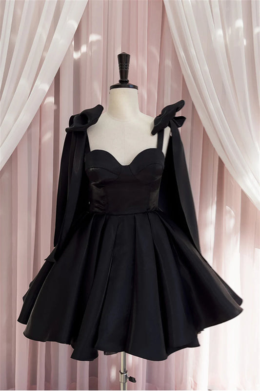 Koutun Black Bow Tie Pleated A-line Short Dress.