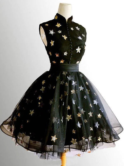 Elegant black tulle high neckline short homecoming dress.