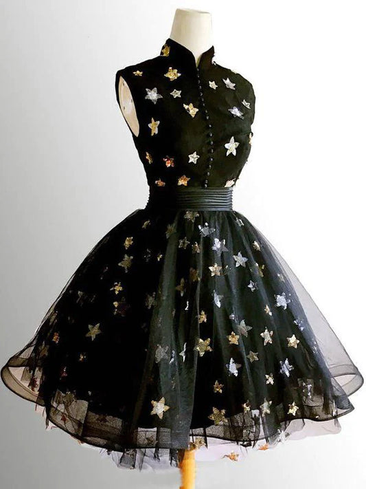 Elegant black tulle high neckline short homecoming dress.