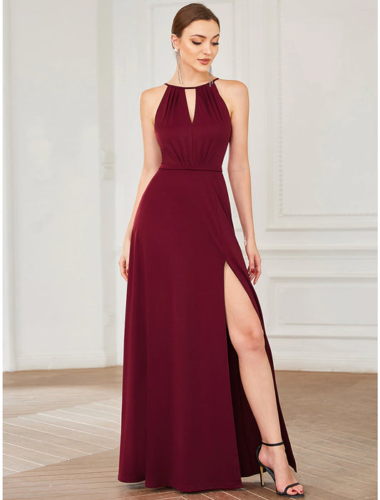 Elegant blue A-line halter neck prom dress with draping.