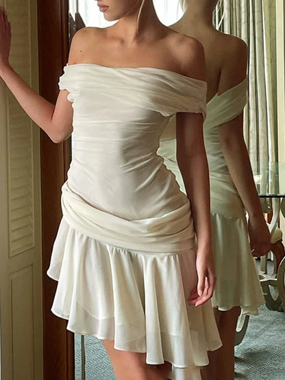 Chic ruffled ruched patchwork mini homecoming dress, front view.