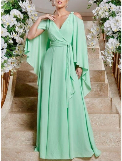 Elegant chiffon column wedding guest dress with V-neck and long sleeves, featuring pleats and ruffles.