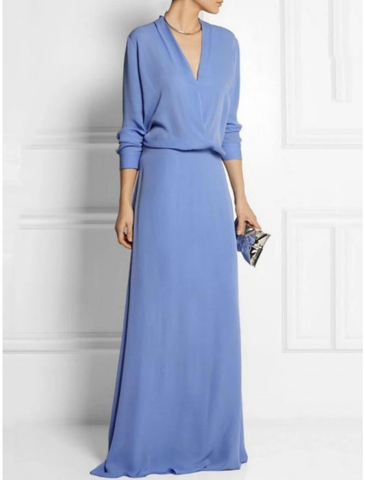 Elegant long sleeve V-neck chiffon sheath dress with a sweep train.