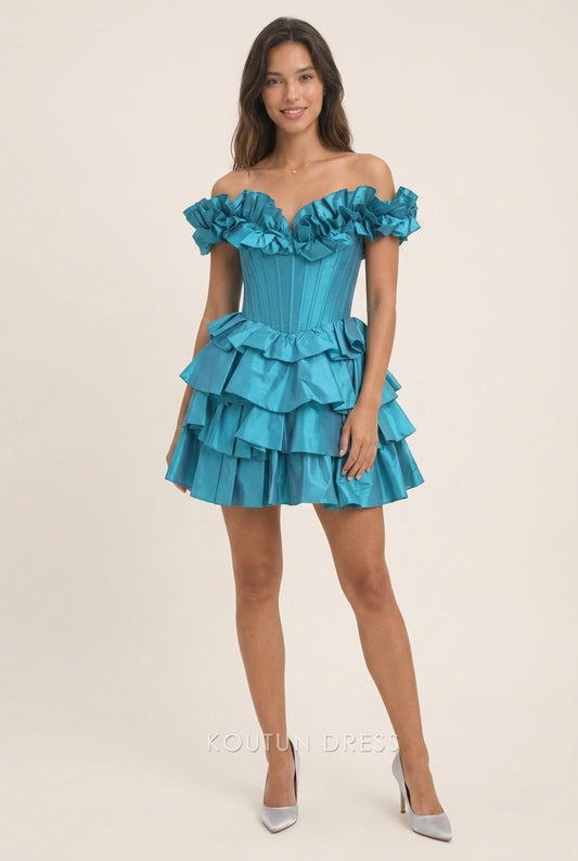Model wearing a teal fit-and-flare off-shoulder ruffled mini homecoming dress with a corset bodice.