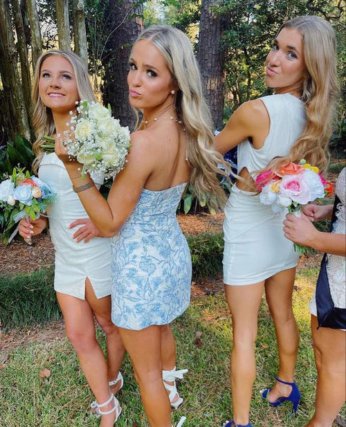 Strapless blue floral dress, ideal for homecoming.