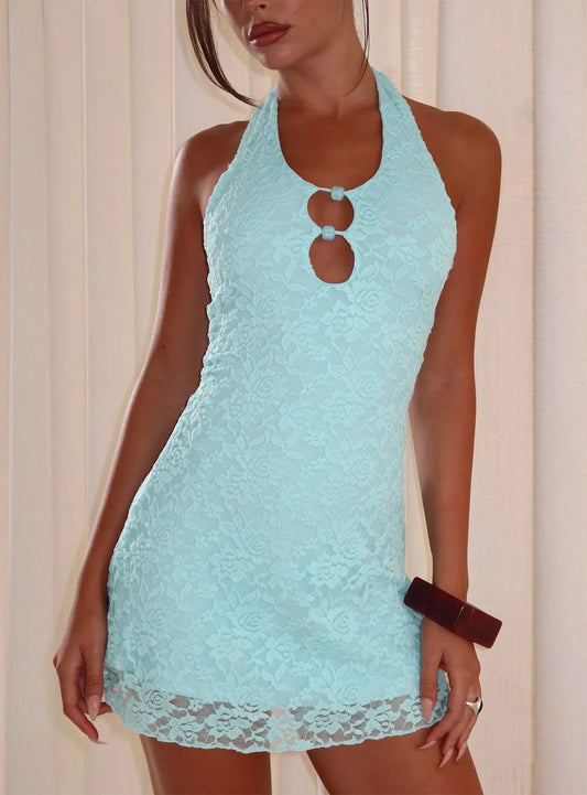 Light blue halter homecoming dress with floral lace and keyhole detail, front view.