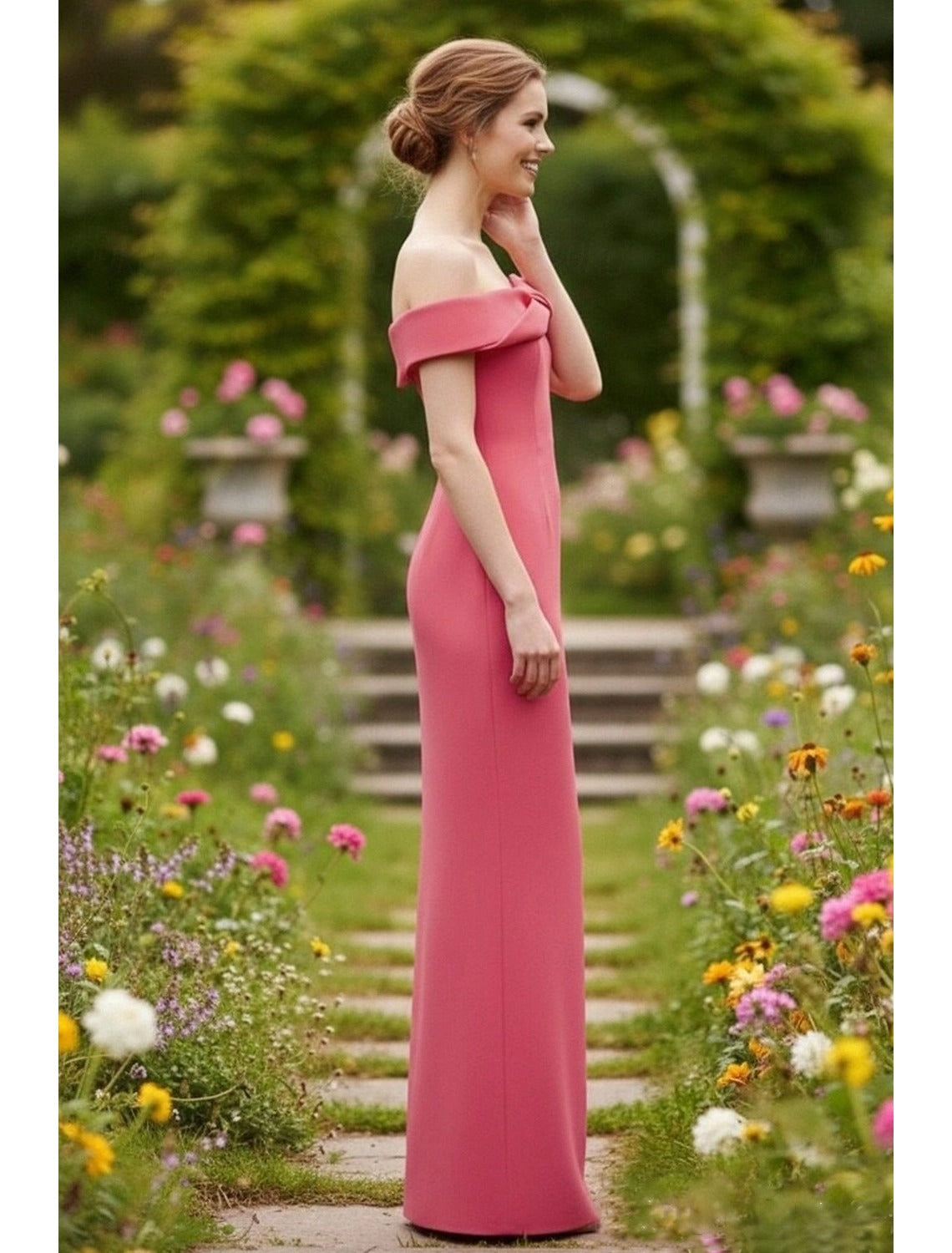 Side view of the Koutun off-shoulder formal gown, highlighting the twisted neckline and silhouette.