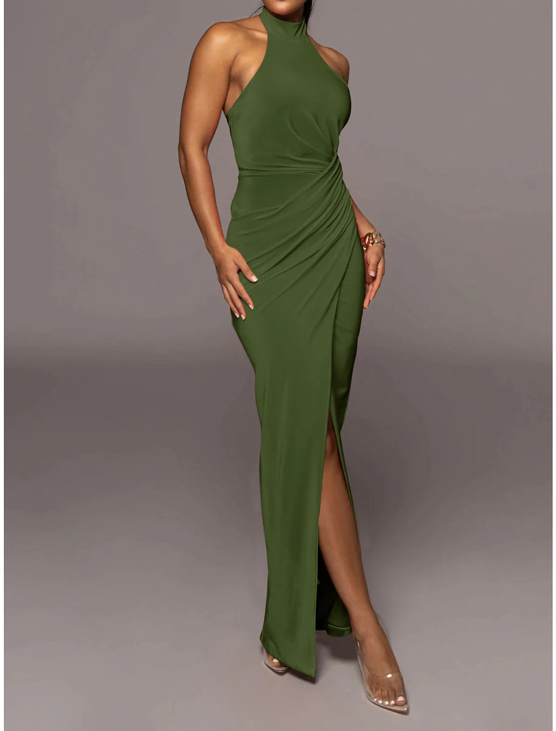 Back view of the black halter neck maxi dress.