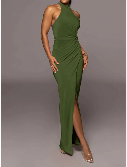 Back view of the black halter neck maxi dress.