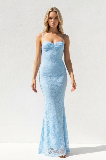 Koutun lace mermaid prom dress with sweetheart neckline and spaghetti straps.
