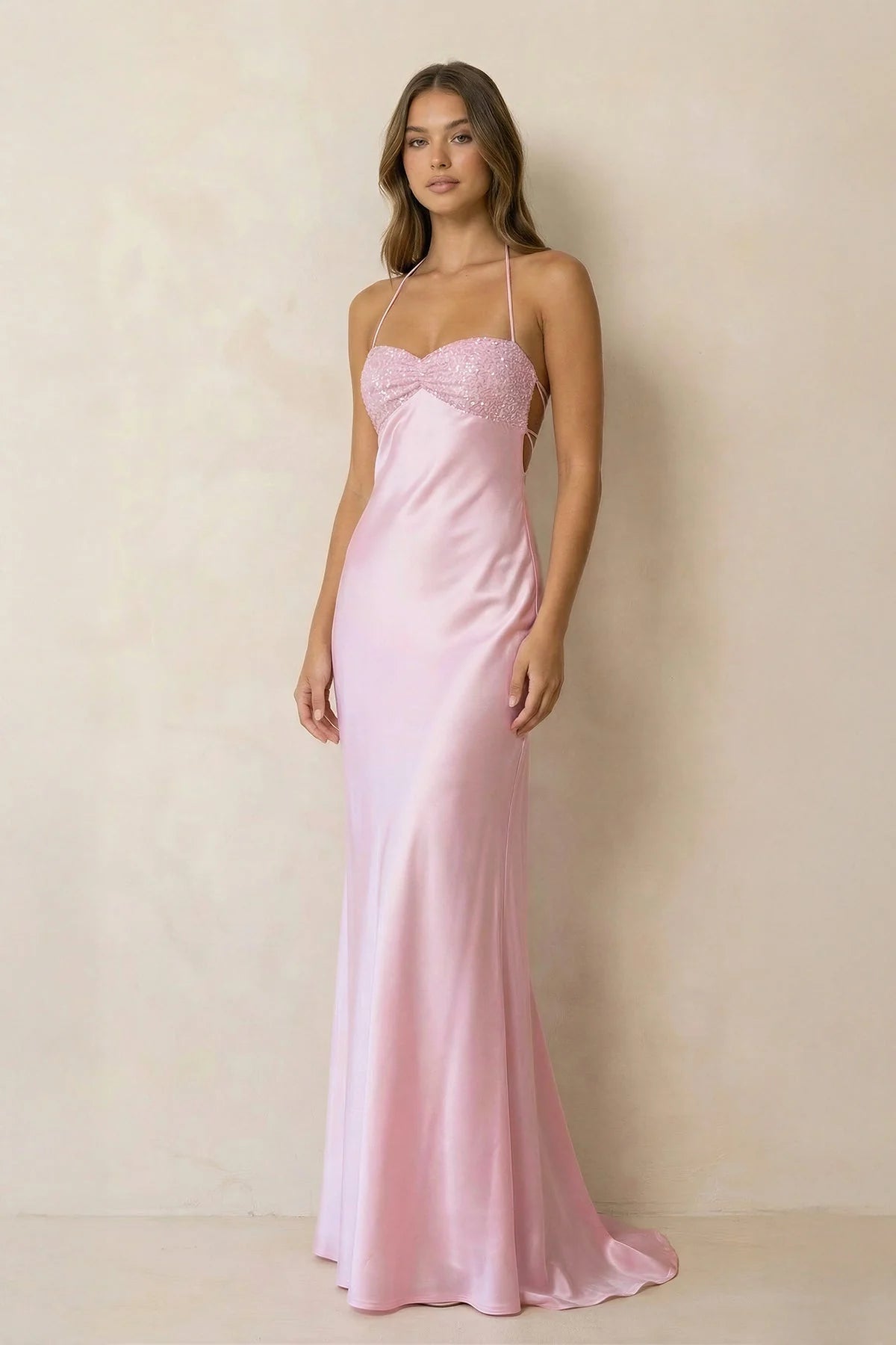 Koutun elegant halter neck beaded satin mermaid prom dress with open lace-up back.