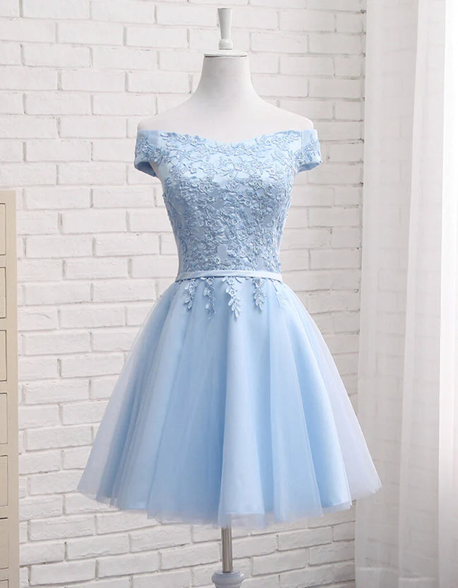 Woman wearing an elegant off-shoulder A-line short homecoming dress.